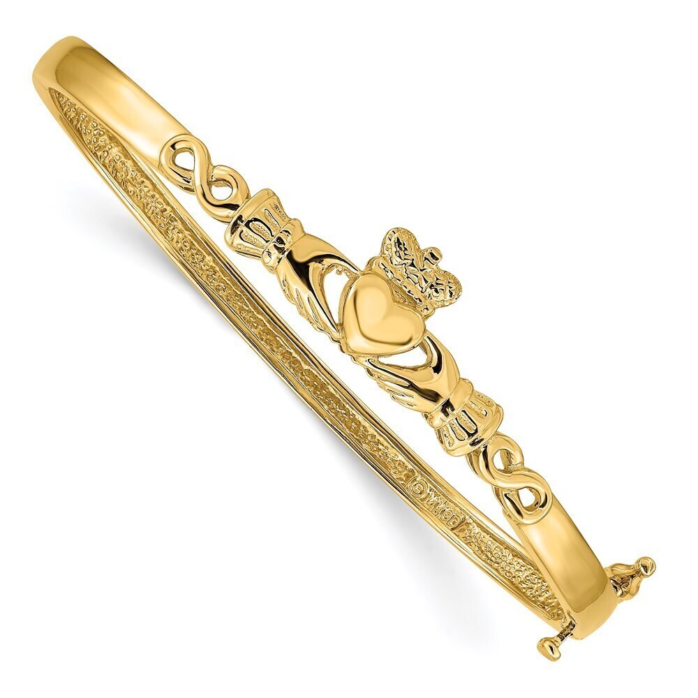 14k Yellow Gold 4mm Diamond-cut Claddagh Hinged Bangle Bracelet